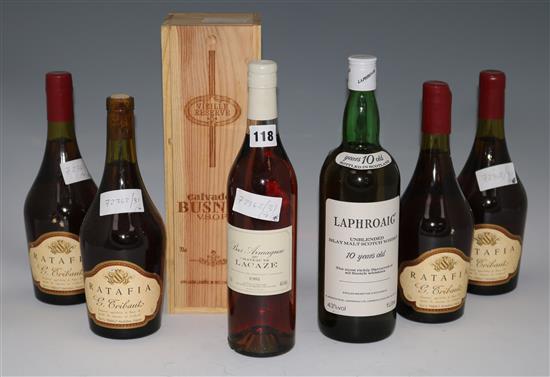 1 x Calvados Busnel, 1 x Laphroaig 10 yr old whisky, 1 x Bas Armagnac 1981 and 4 x Ratafia Liqueur Tribaut.